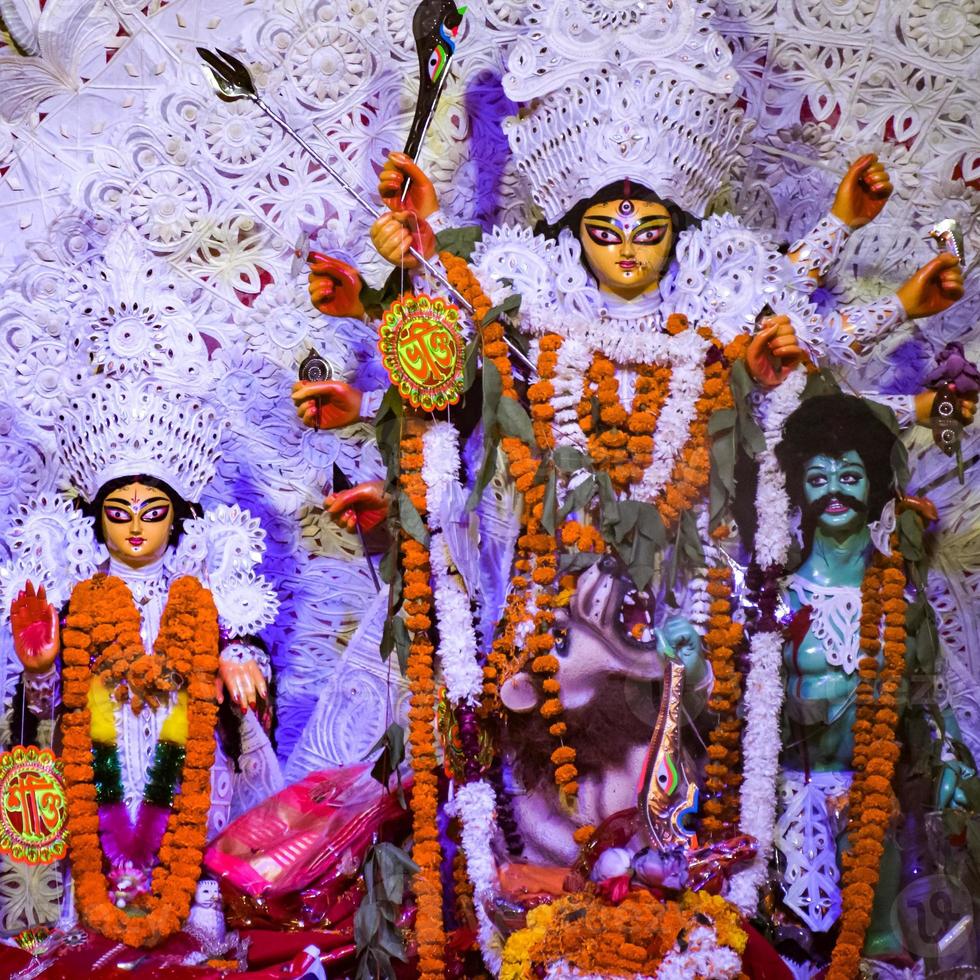 Goddess Durga with traditional look in close up view at a South Kolkata Durga Puja, Durga Puja Idol, A biggest Hindu Navratri festival in India photo