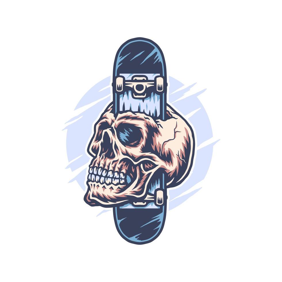 Skateboard through skull, hand drawn line with digital color, vector illustration
