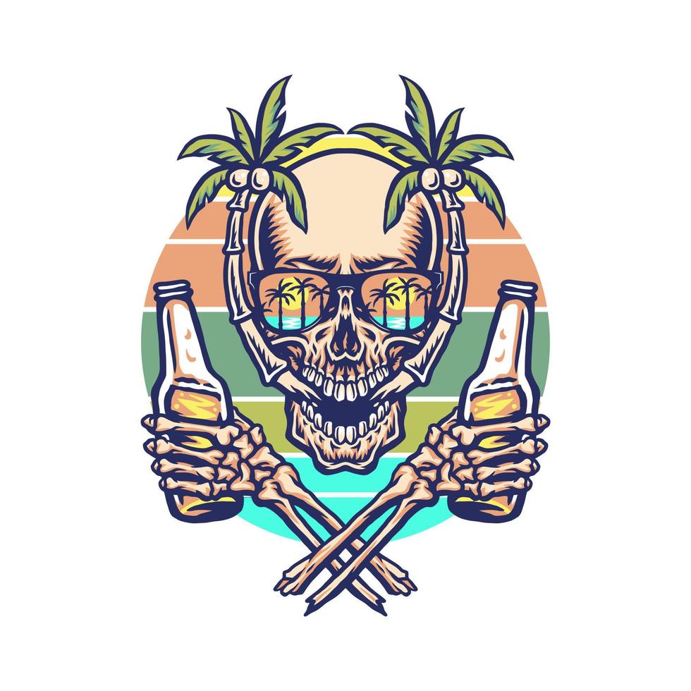 Skull summer beach t-shirt graphic design, hand drawn line with digital color, vector illustration