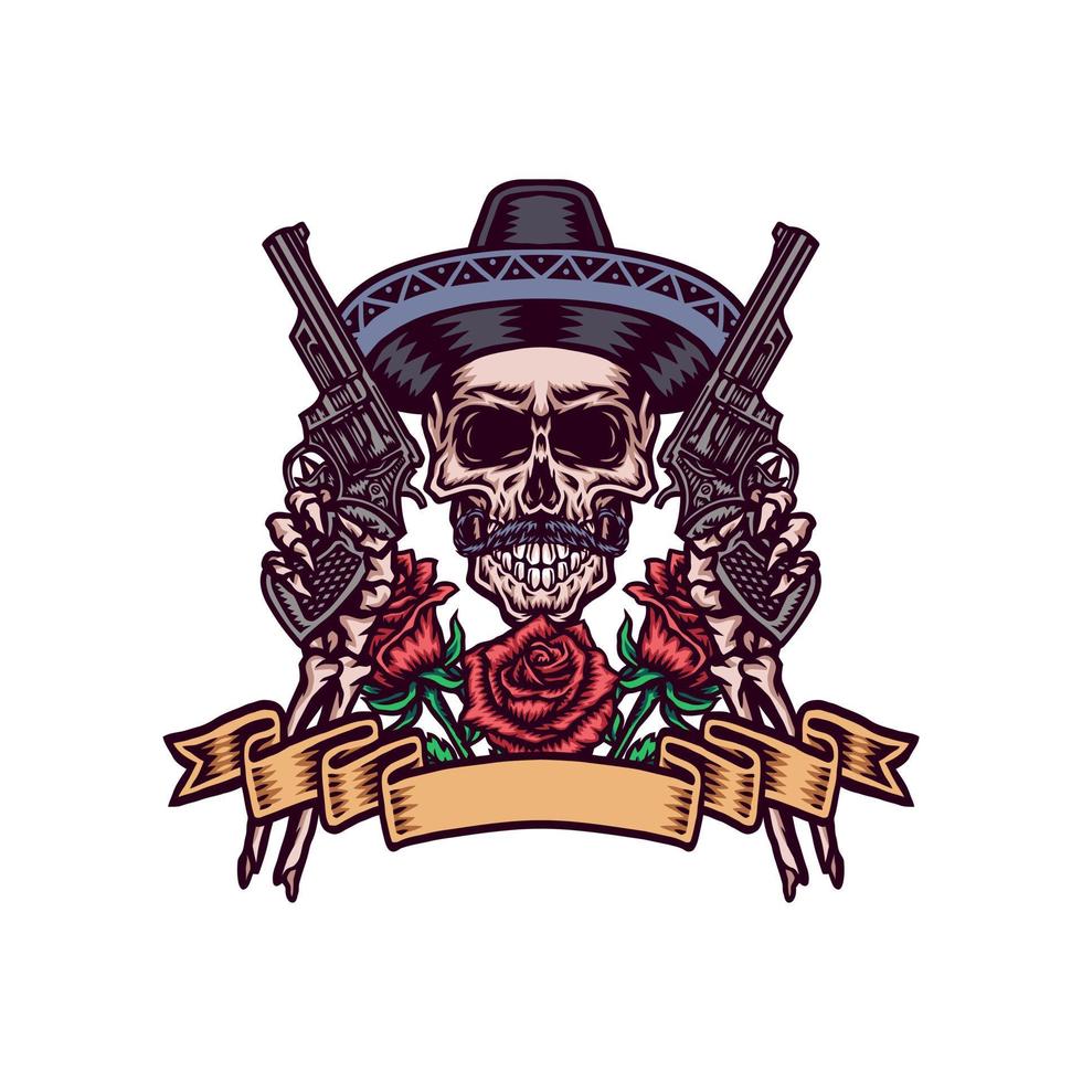 Mexican skull with guns, hand drawn line with digital color, vector illustration