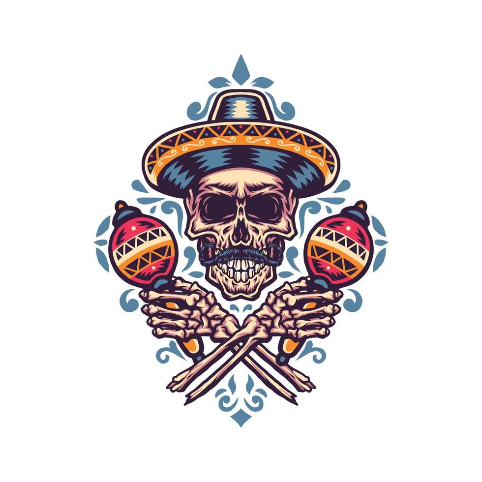 ilustración vectorial del cráneo mexicano, línea dibujada a mano con color digital vector