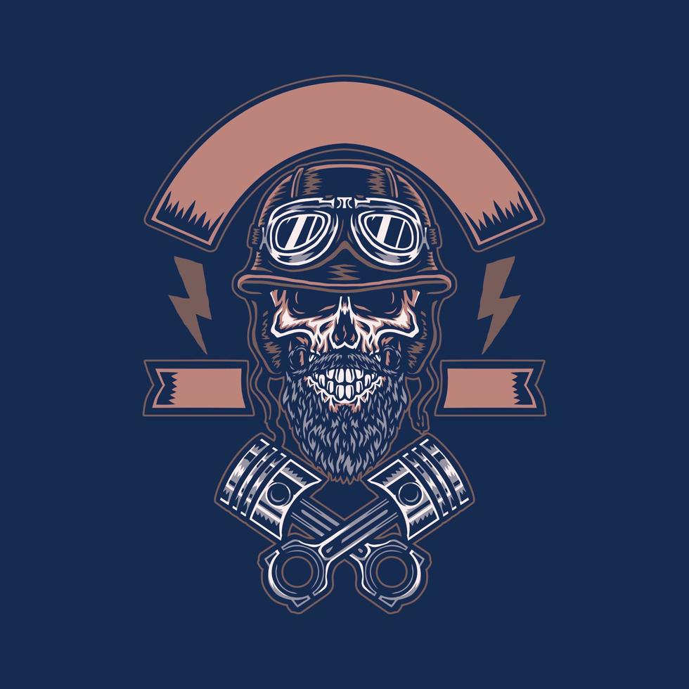 Skull in Helmet with Crossed Pistons, hand drawn line with digital color, vector illustration