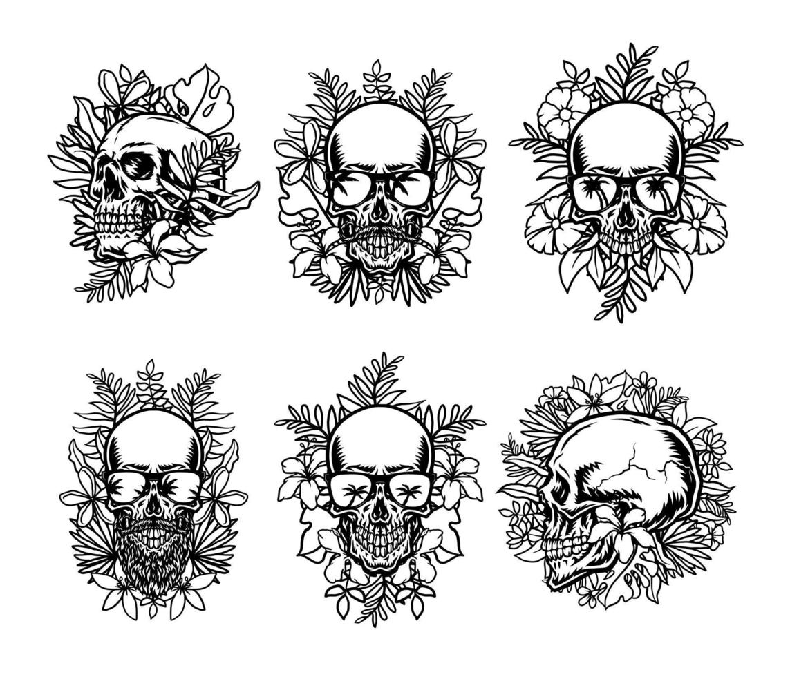 Set of skull and exotic tropical flowers, isolated on white background vector