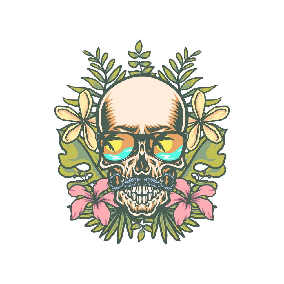 cráneo y flores tropicales exóticas, línea dibujada a mano con color digital, ilustración vectorial vector