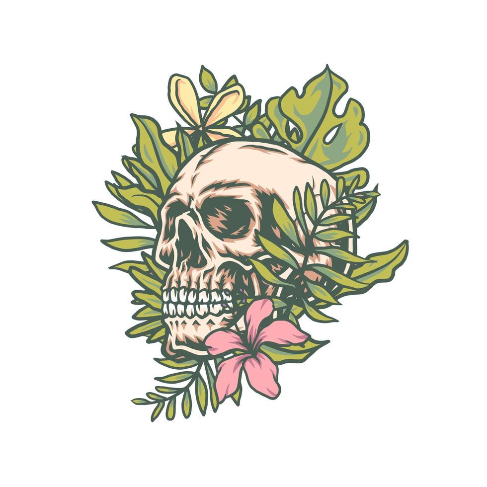 Skull and exotic tropical flowers, hand drawn line with digital color, vector illustration