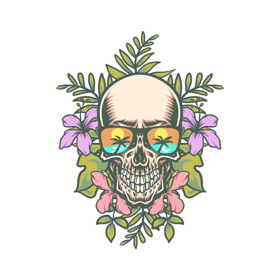 Skull and exotic tropical flowers, hand drawn line with digital color, vector illustration