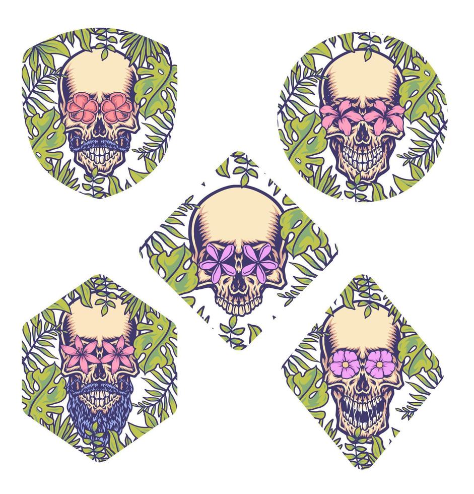 conjunto de cráneo con borde tropical, línea dibujada a mano con color digital, ilustración vectorial vector