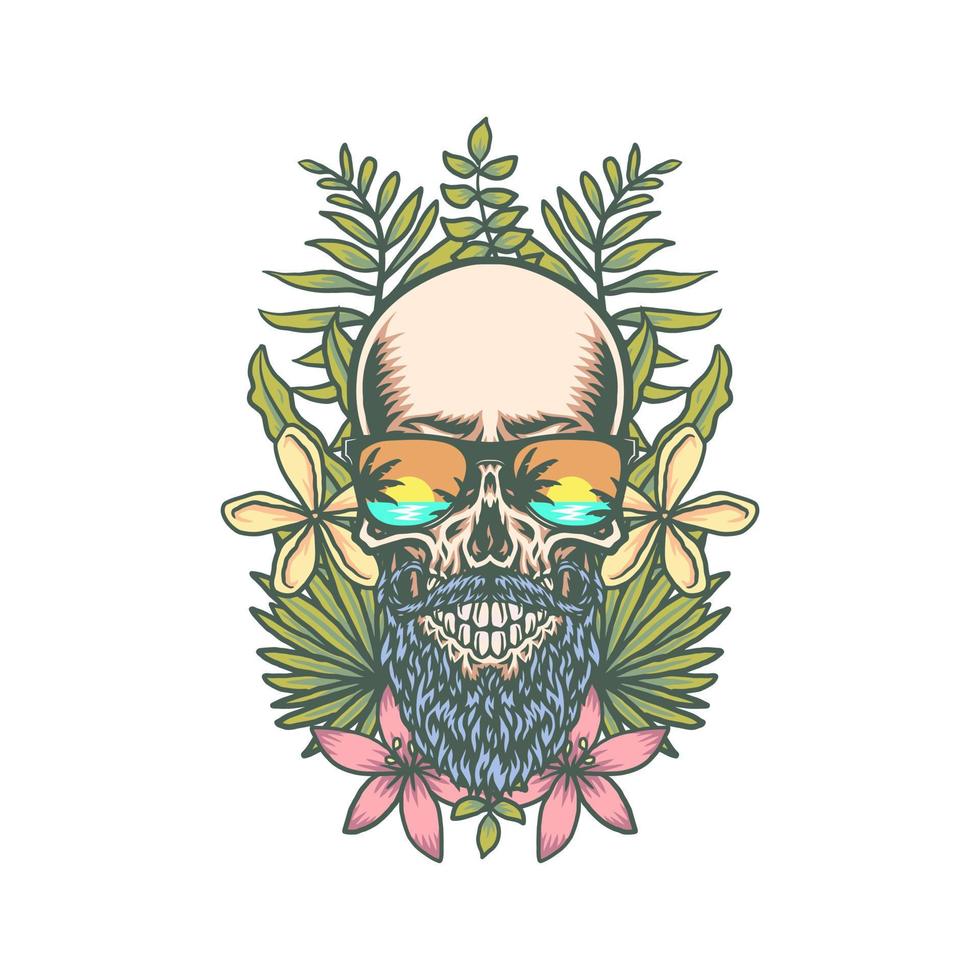 cráneo y flores tropicales exóticas, línea dibujada a mano con color digital, ilustración vectorial vector