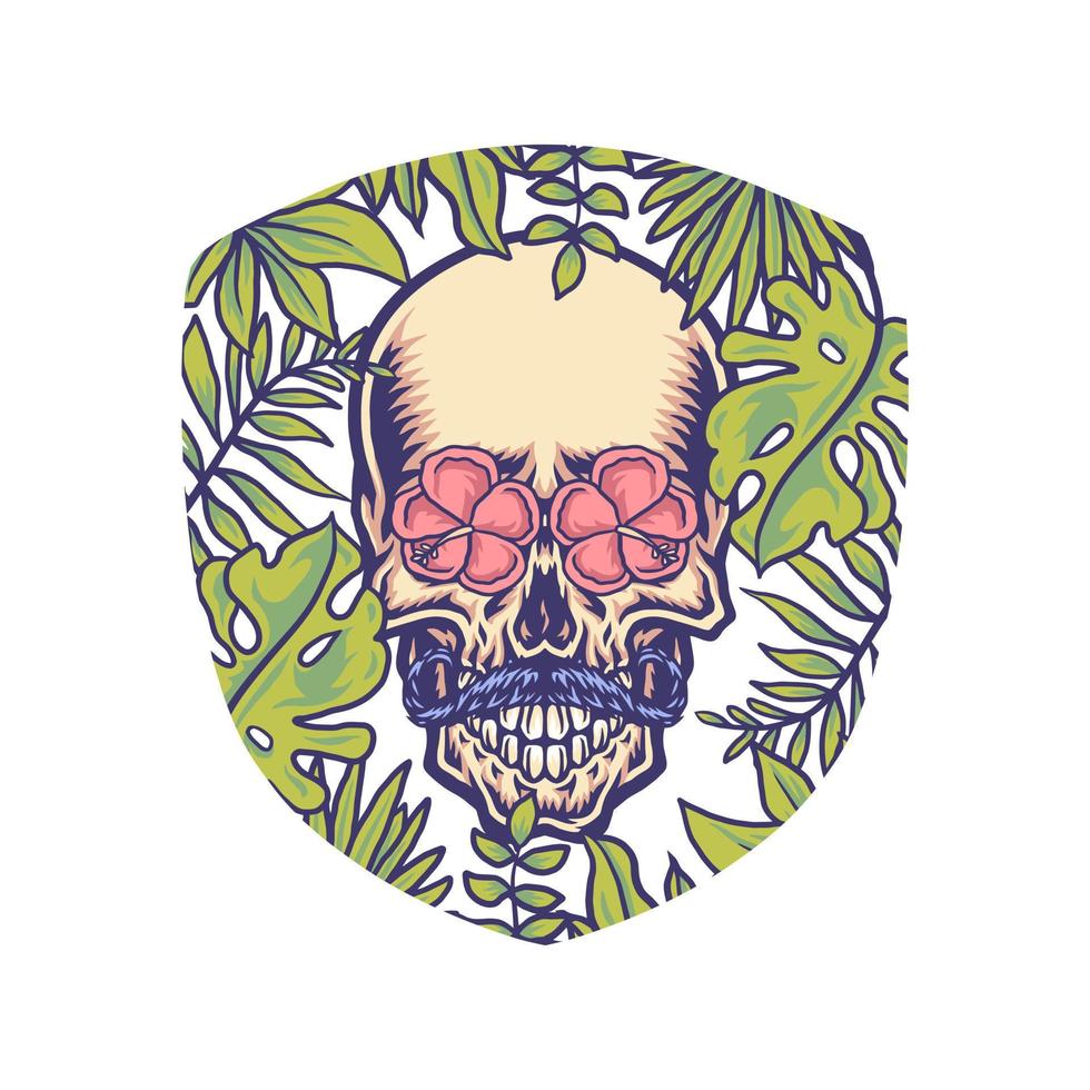 Skull with tropical border, hand drawn line with digital color, vector illustration