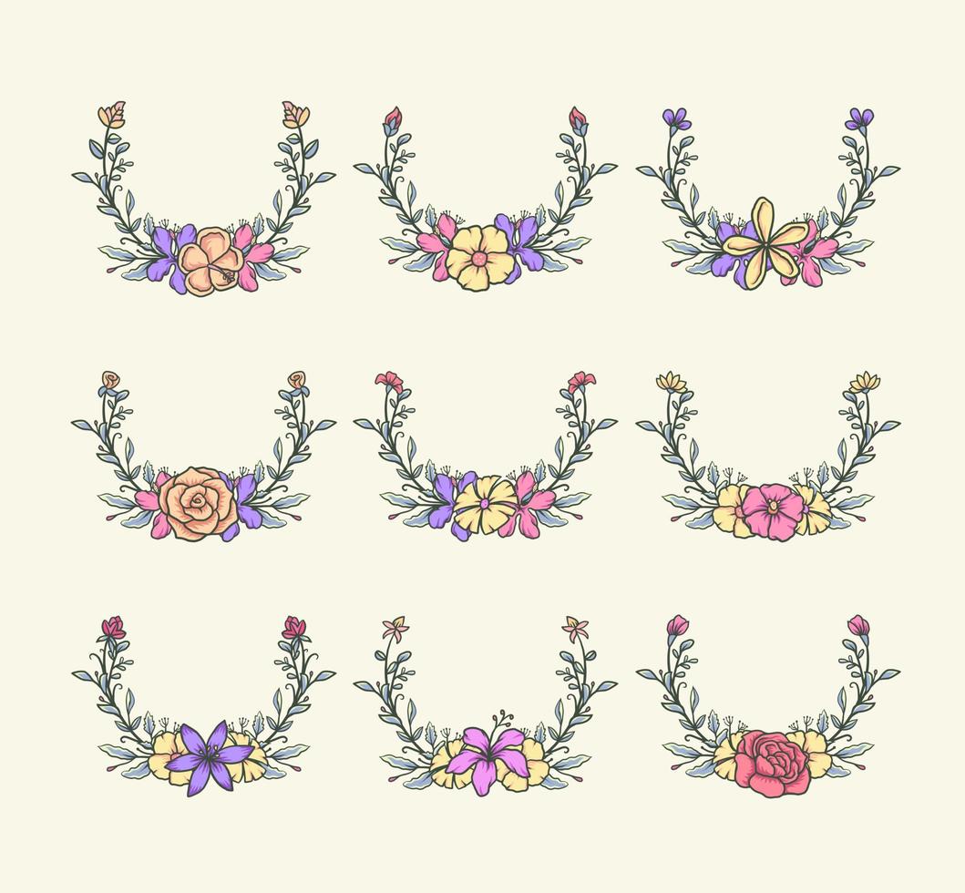 Set of flowers borders, hand drawn line with digital color, vector illustration