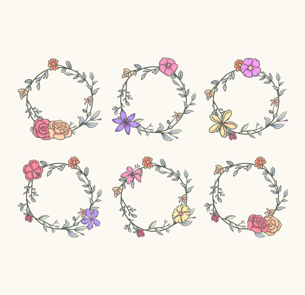 Set of beautiful round frame with flowers, hand drawn line with digital color, vector illustration