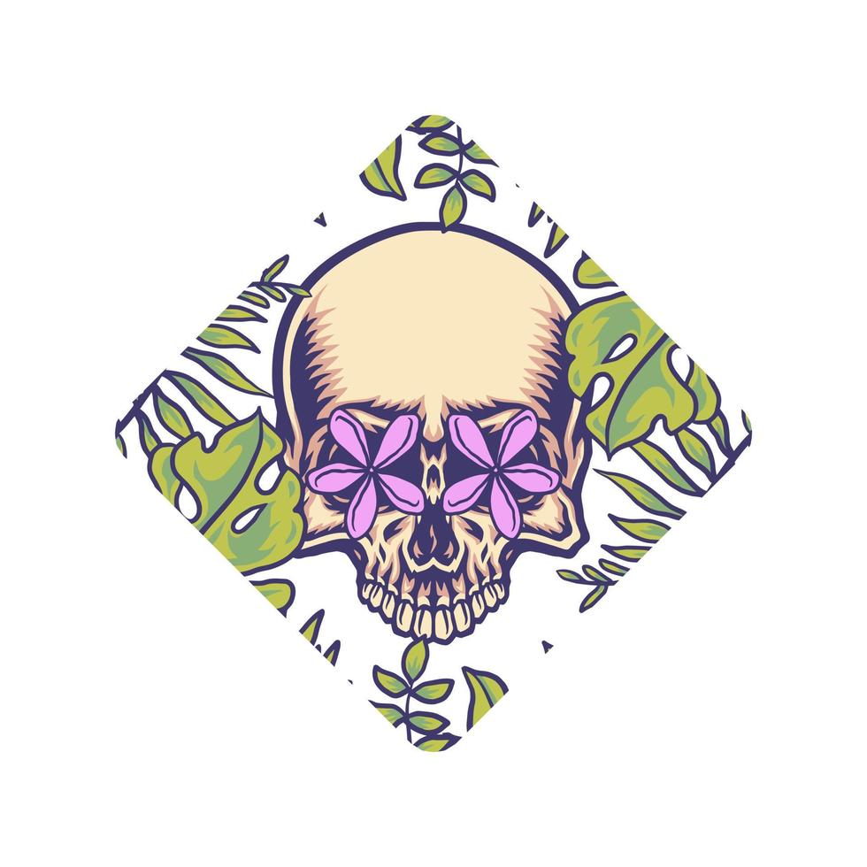 Skull with tropical border, hand drawn line with digital color, vector illustration