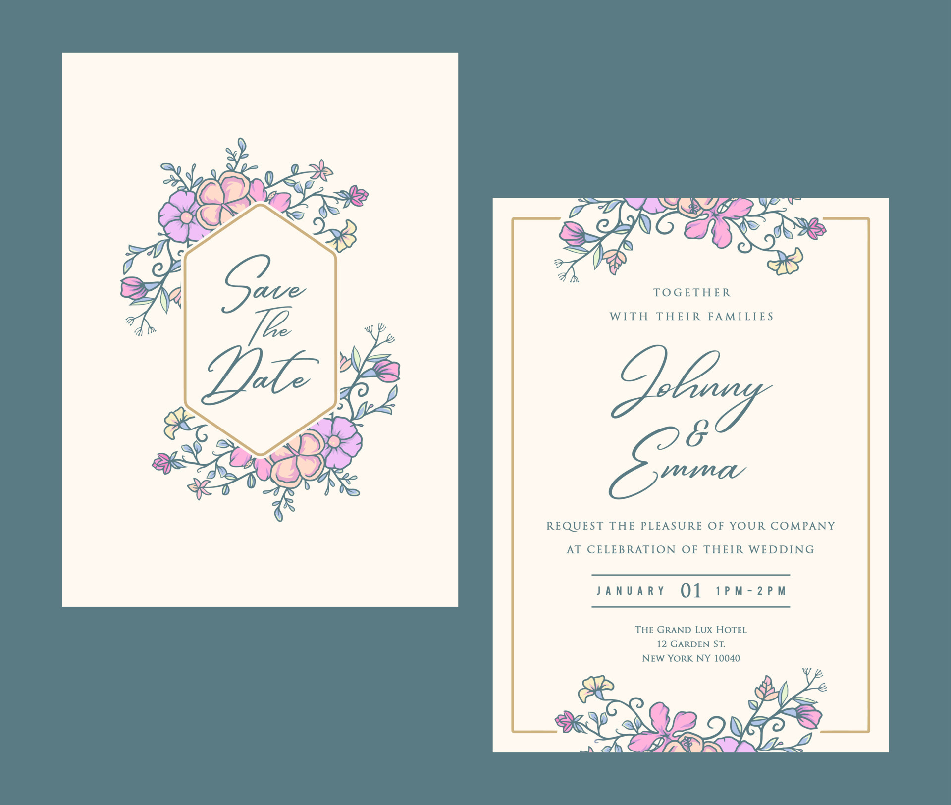 Wedding invitation card templates with flowers hand drawn line with