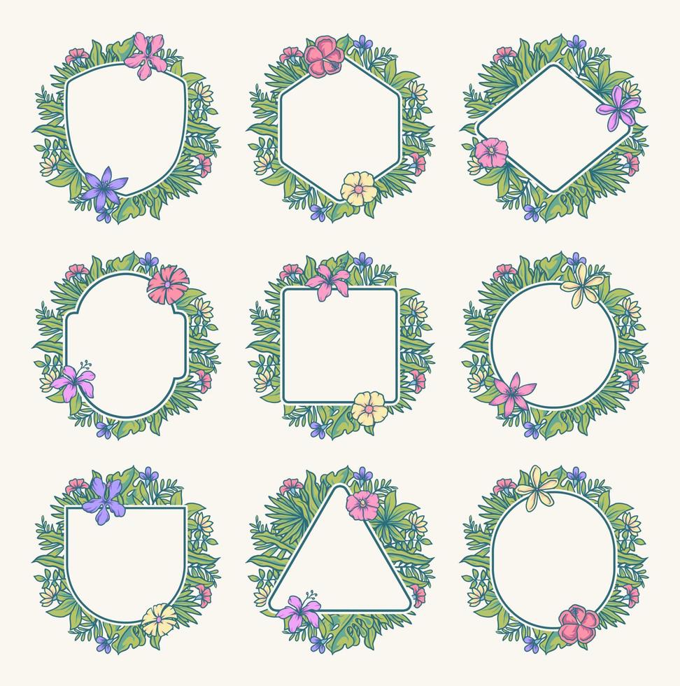 Tropical flower frame collection, hand drawn line with digital color, vector illustration