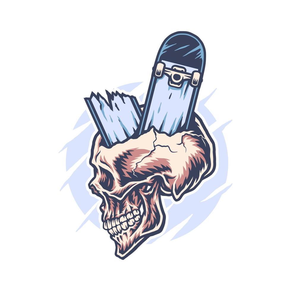 Skateboard through skull, hand drawn line with digital color, vector illustration