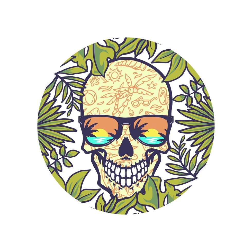 Skull and exotic tropical flowers, hand drawn line with digital color, vector illustration