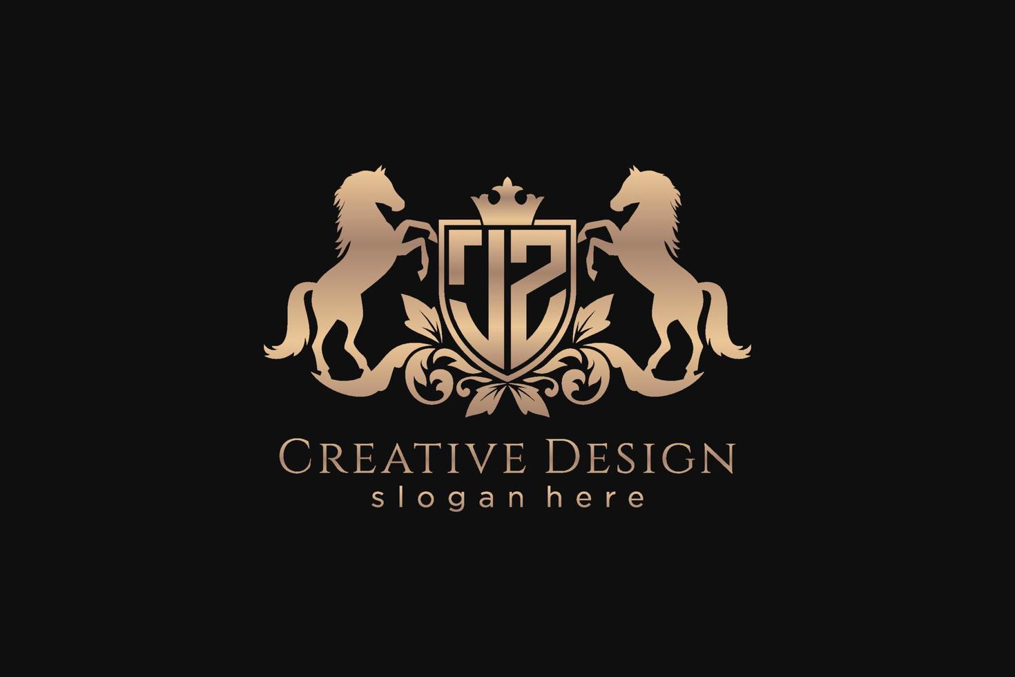 initial JZ Retro golden crest with shield and two horses, badge template with scrolls and royal crown - perfect for luxurious branding projects vector