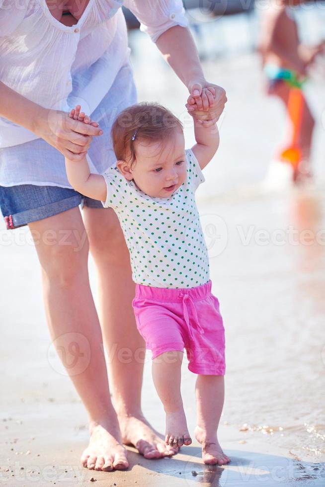 mom and baby on beach  have fun photo