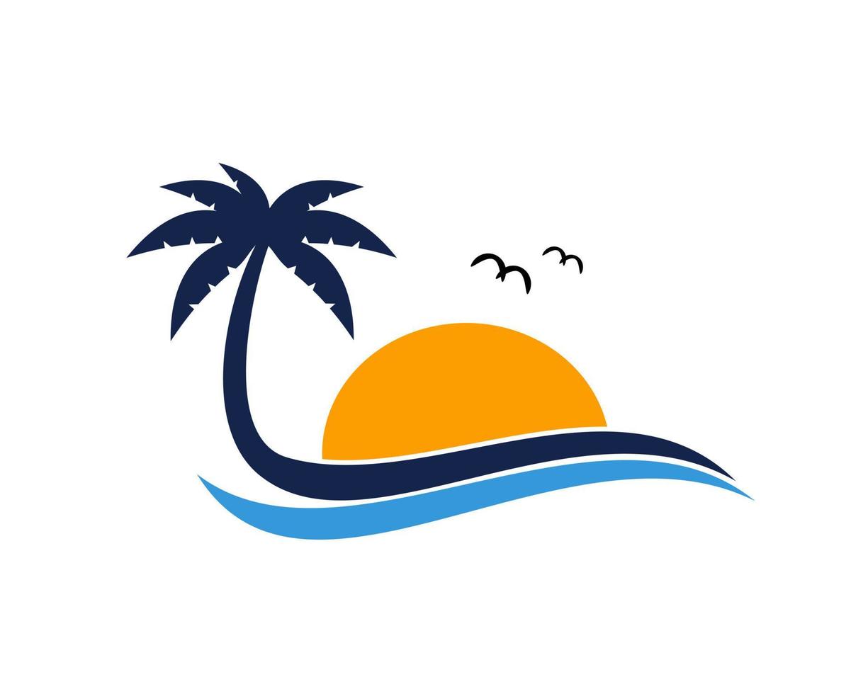 Wave and palm tree and sunset vector