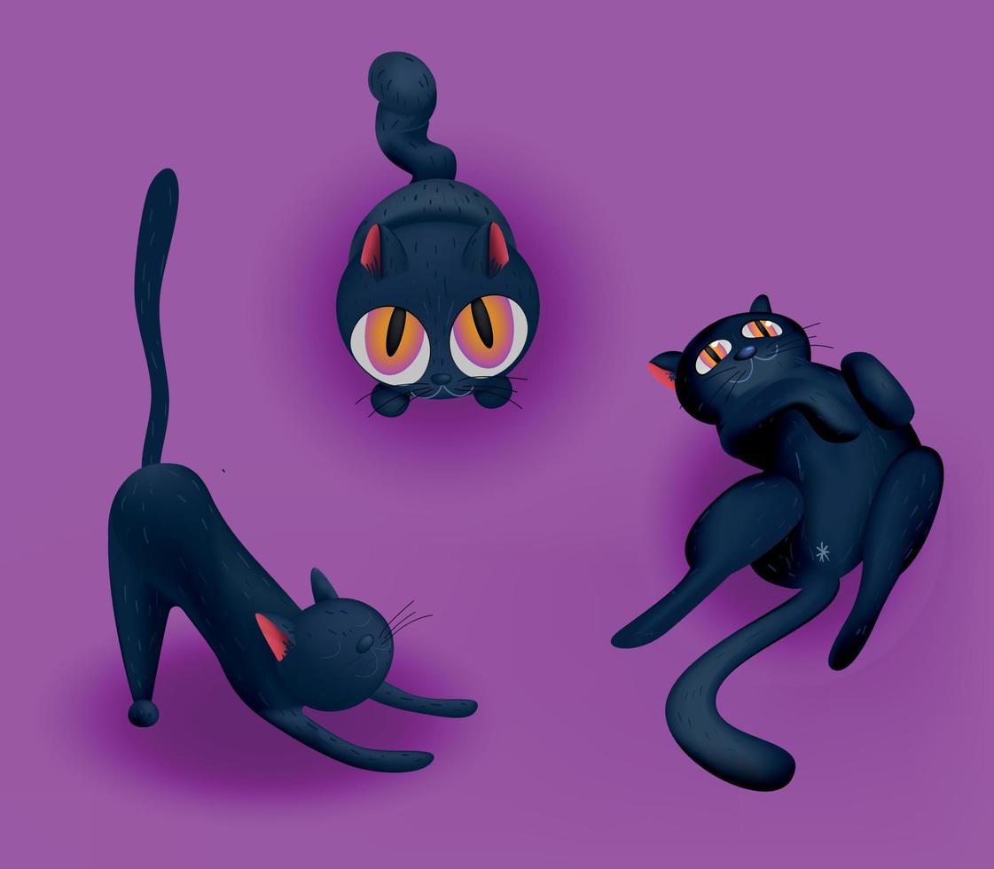 Vector set of black cats in cute poses.