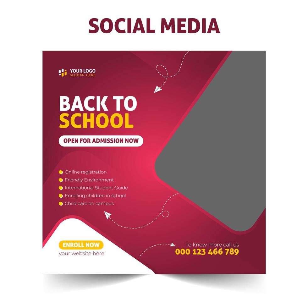 Back to school and admission open for registration enroll social media post or web banner template vector