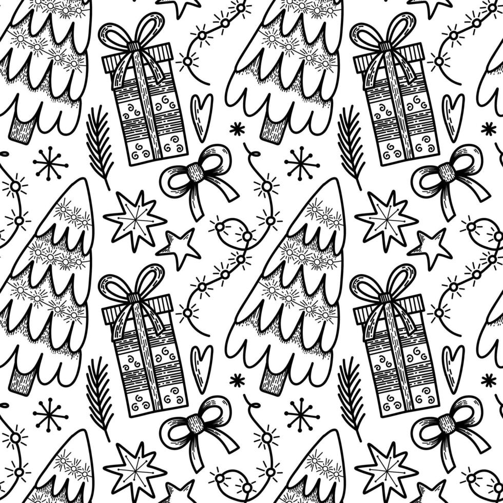 Vector seamless pattern. Christmas tree decoration. New Year Eve celebration Winter season theme Ornament witn many baubles, ribbons, snowflakes and presents Festive background repetitive illustration