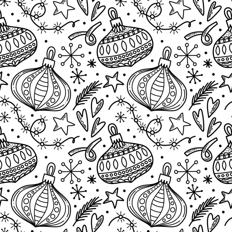 Vector seamless pattern. Christmas tree decoration. New Year Eve celebration Winter season theme Ornament witn many baubles, ribbons, snowflakes and presents Festive background repetitive illustration