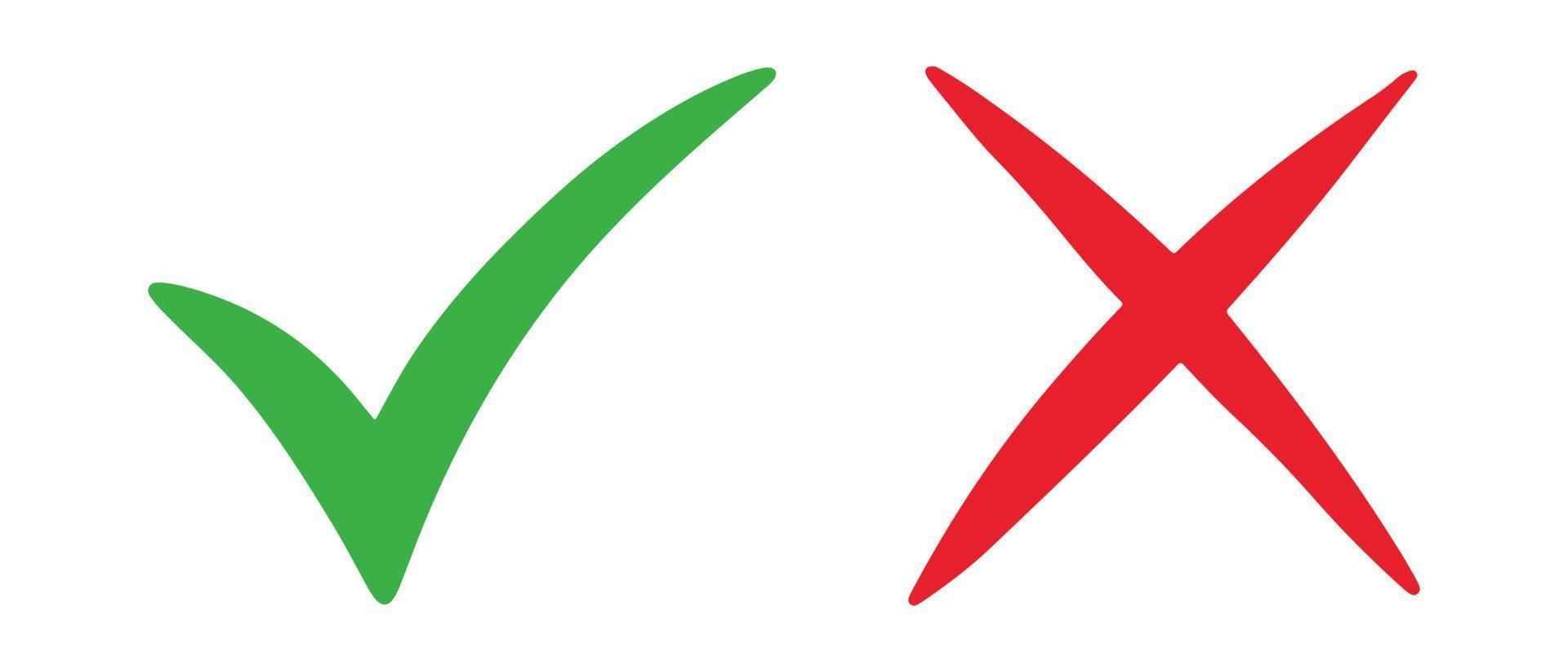 Hand drawn of Green check mark and Red cross isolated. Right and wrong icon. Vector illustration.