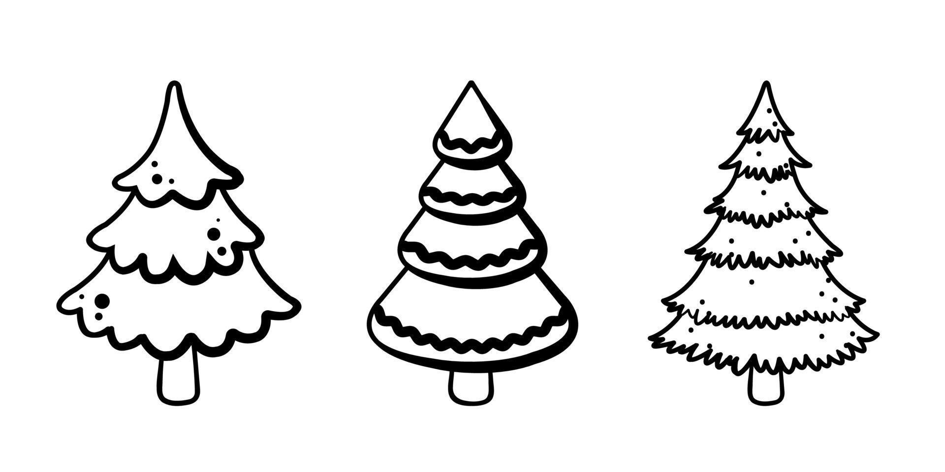 Fir tree black line icon set. Pine sketch illustration vector