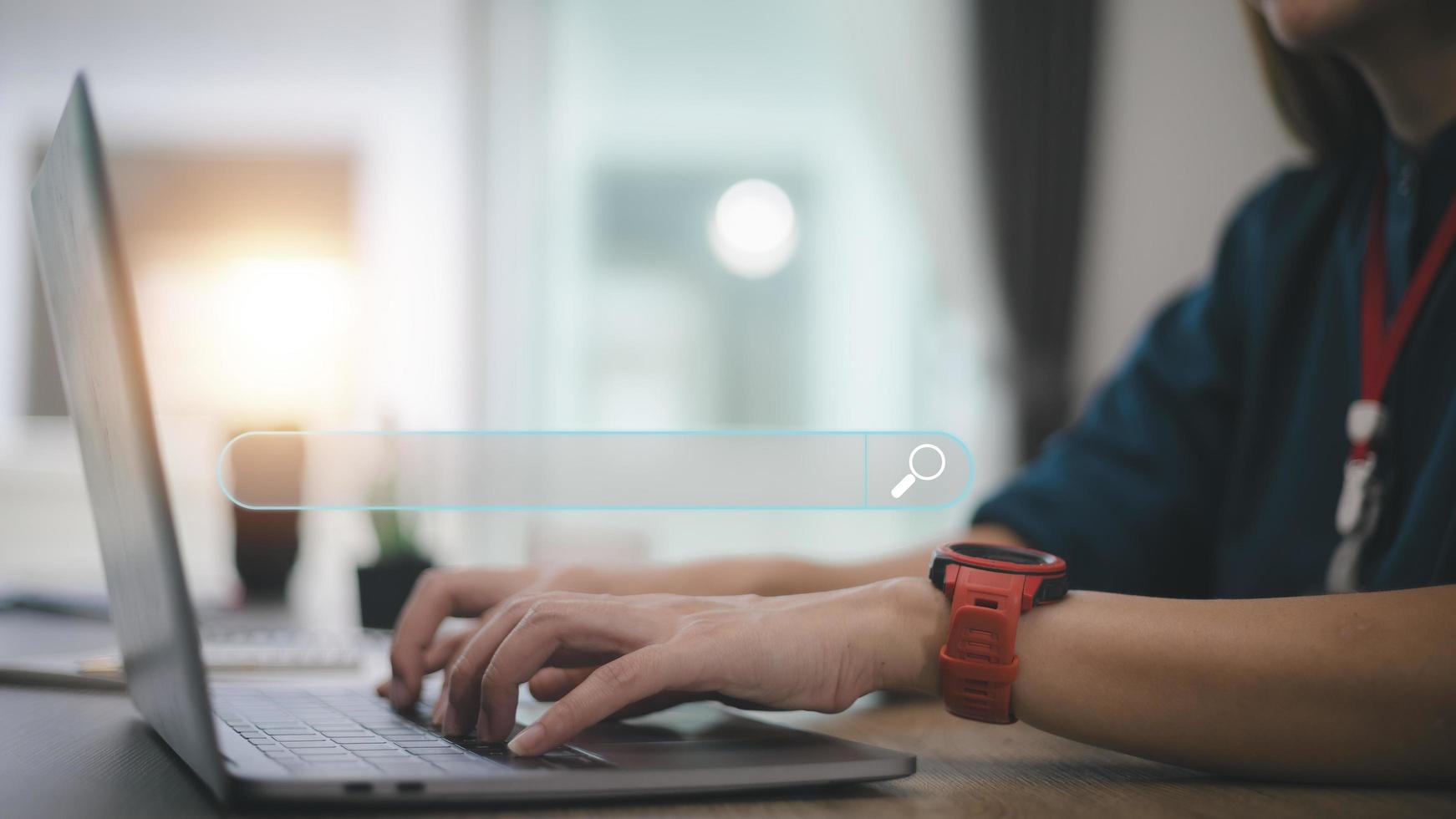 Searching Browsing Internet Data Information with blank search bar. business people working with computer for finding data. photo