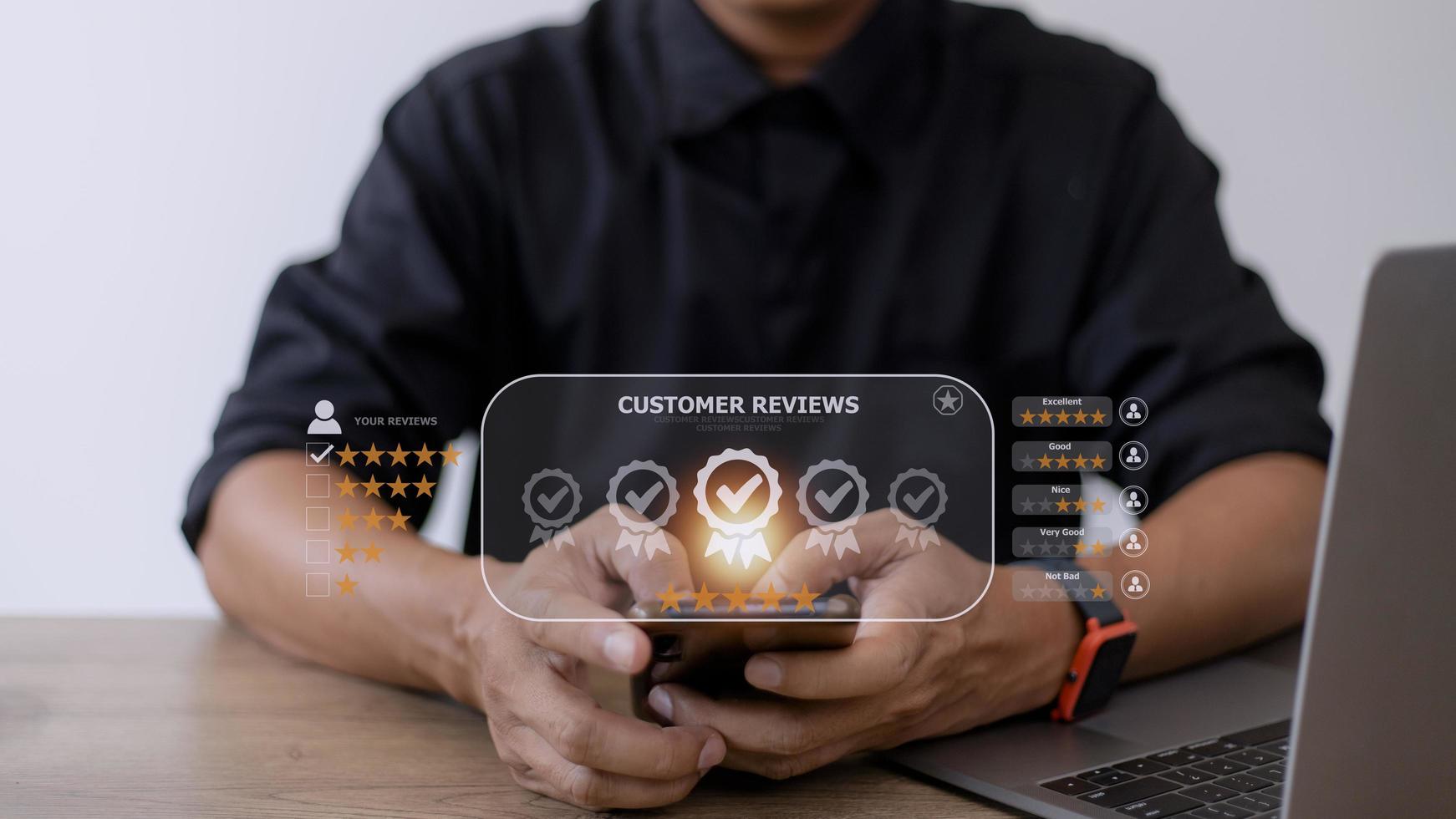 User give rating to service experience on online application, Customer review satisfaction feedback survey concept, Customer can evaluate quality of service leading to reputation ranking of business. photo