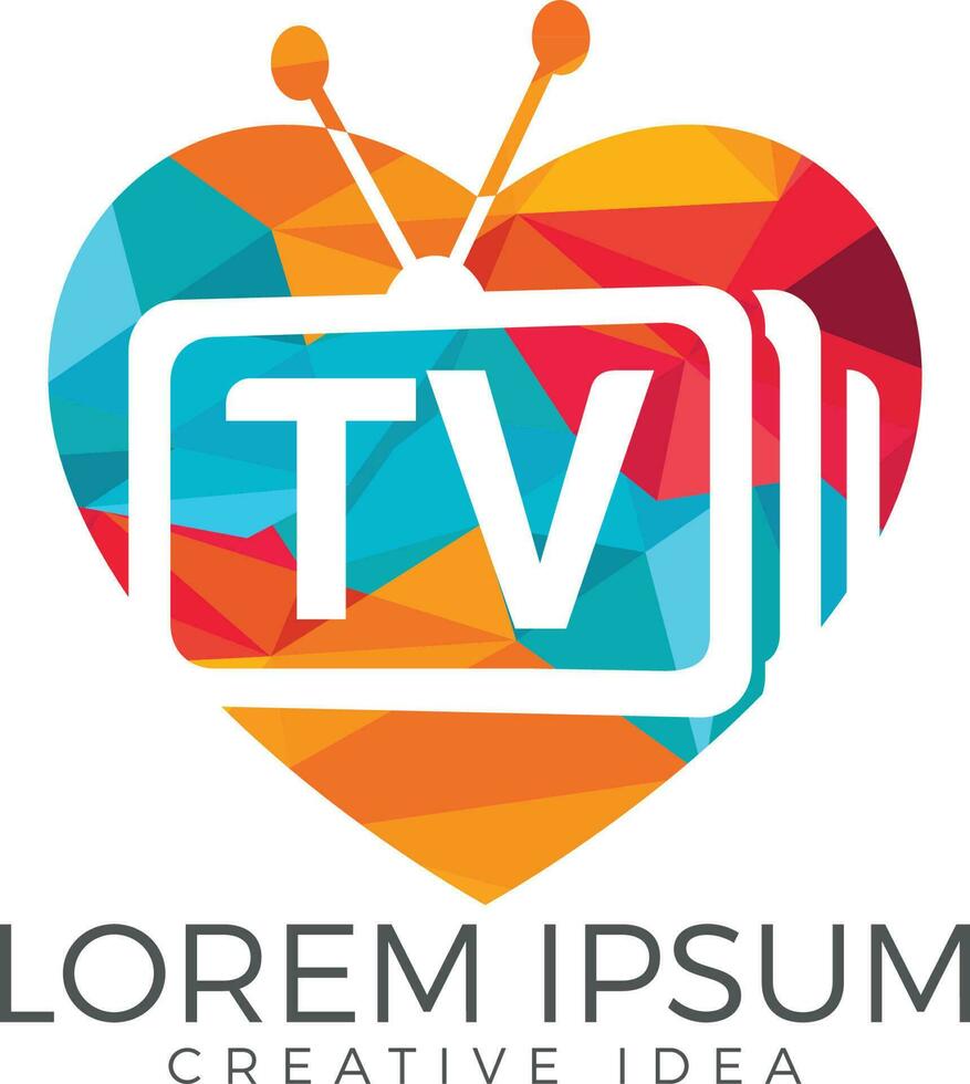 diseño del logotipo en forma de corazón de tv con letras. plantilla de concepto de diseño de logotipo de medios de televisión. vector