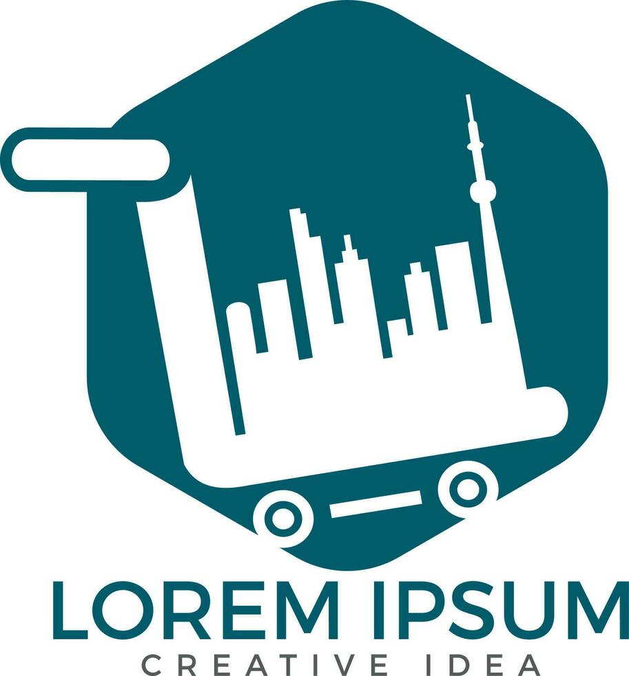 City Shopping logo design. Cart and buildings icon design. vector
