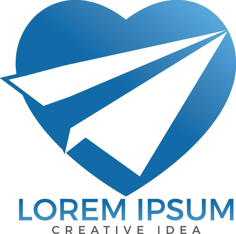 Paper plane heart shape logo design. Concept of tour, delivery, delivering messages, homemade toy, airship, airliner. vector