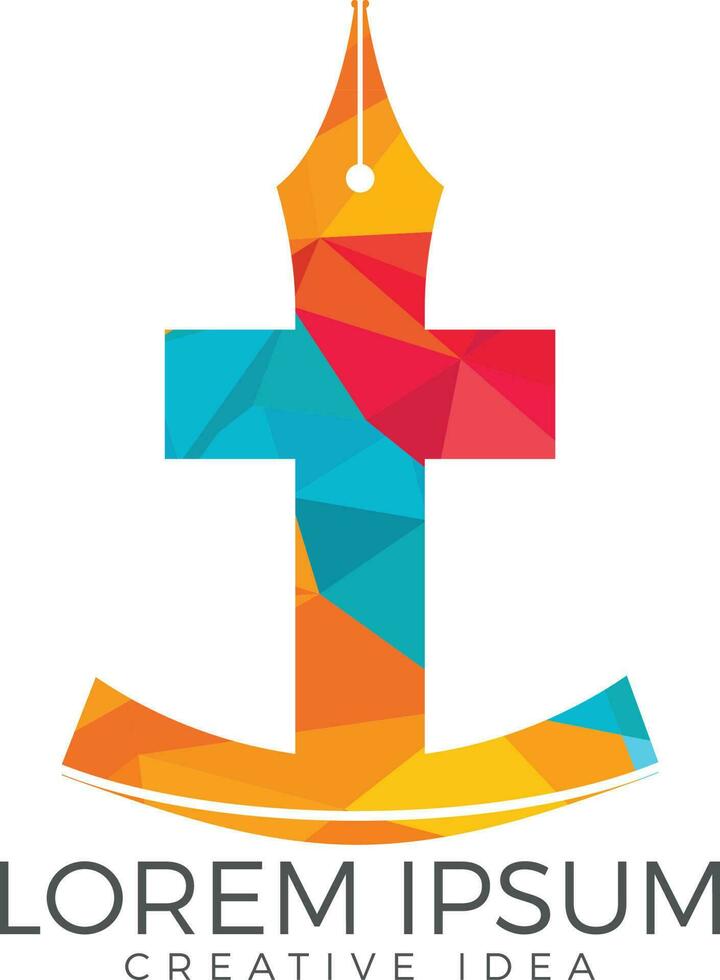 diseño del logo del vector de la iglesia cristiana. icono de crucifixión y pluma. símbolo educativo religioso. clase de aprendizaje y enseñanza de la biblia.
