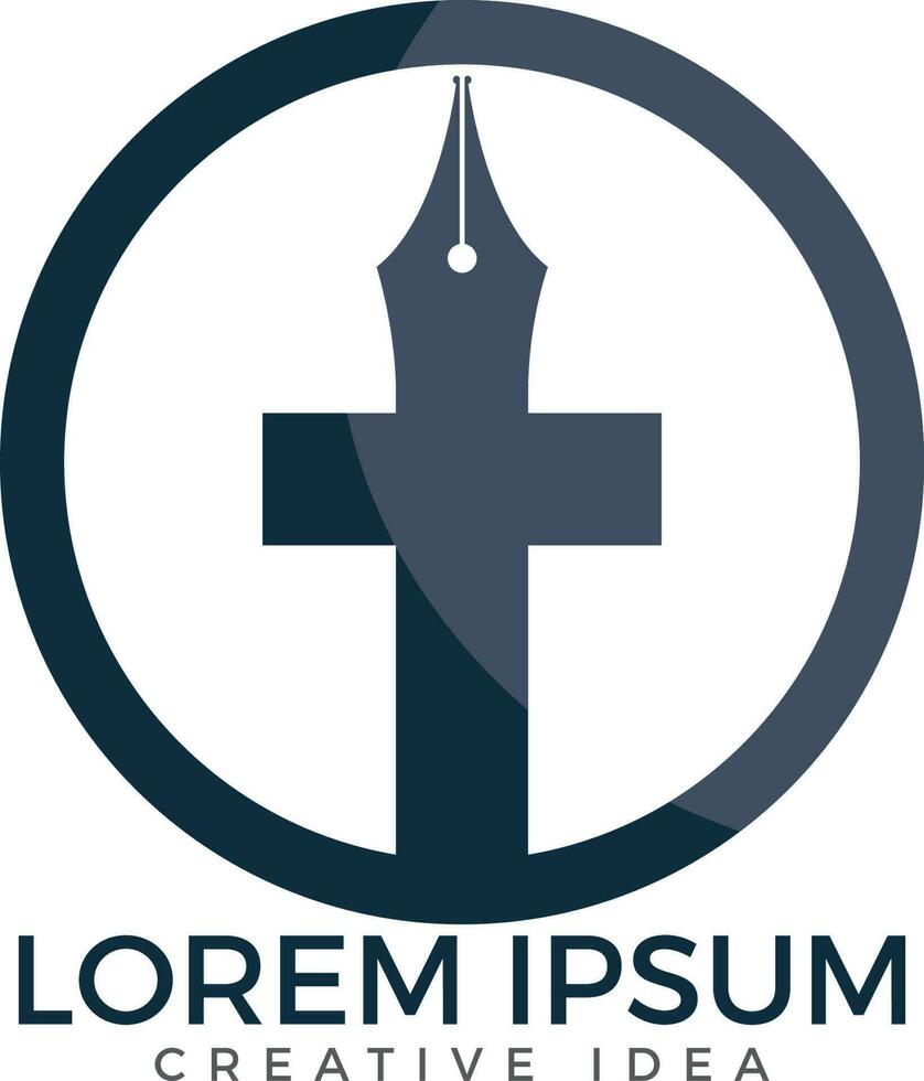 Christian church vector logo design. Crucifixion and pen nib icon. Religious educational symbol. Bible learning and teaching class.
