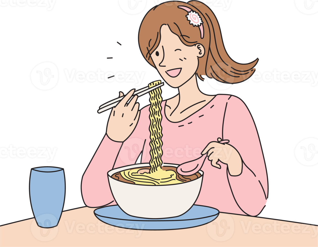 Girl with ponytail hairstyle eat noodles in the bowl flat cartoon illustration pink color png