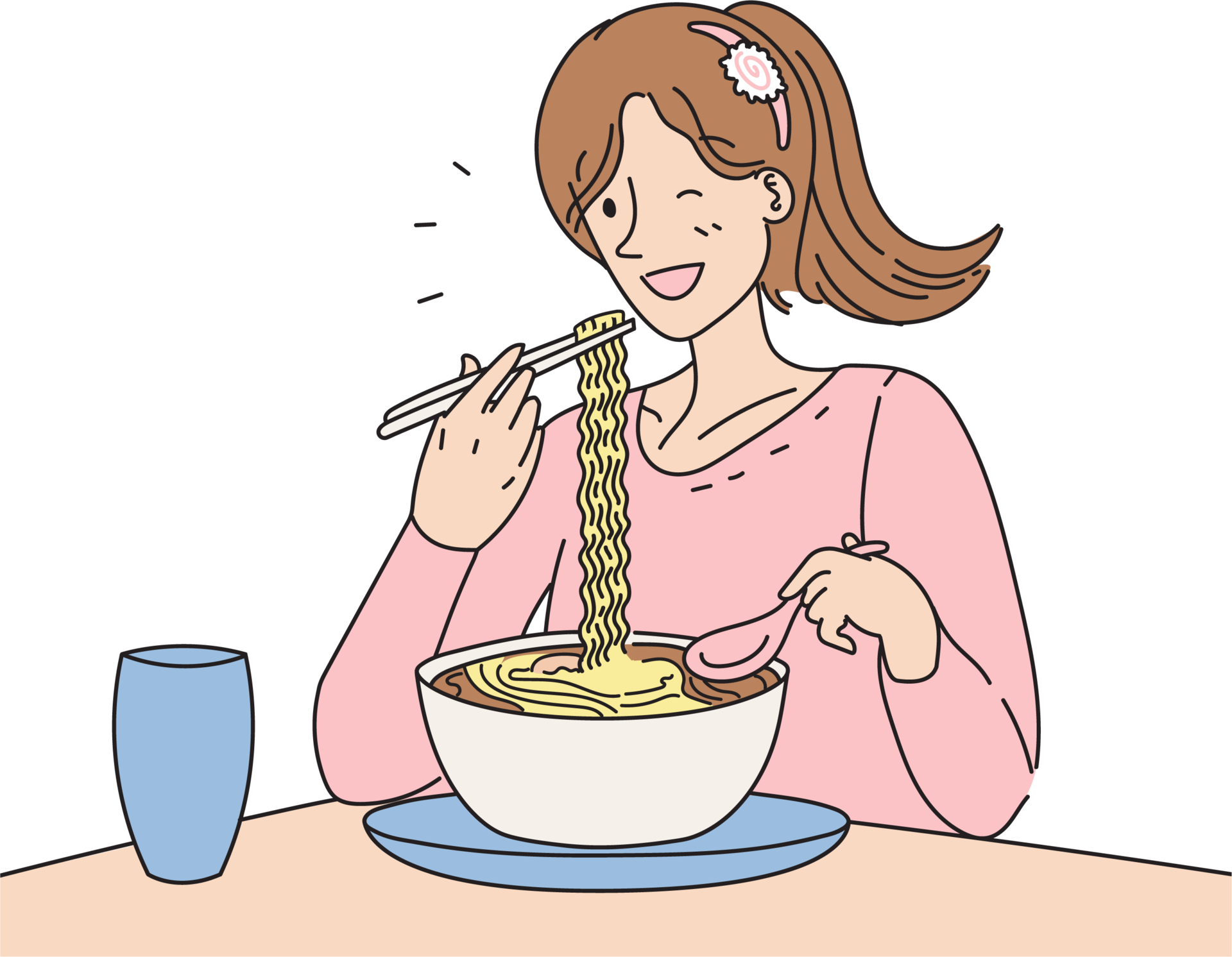 Free Girl with ponytail hairstyle eat noodles in the bowl flat cartoon  illustration pink color 11578131 PNG with Transparent Background