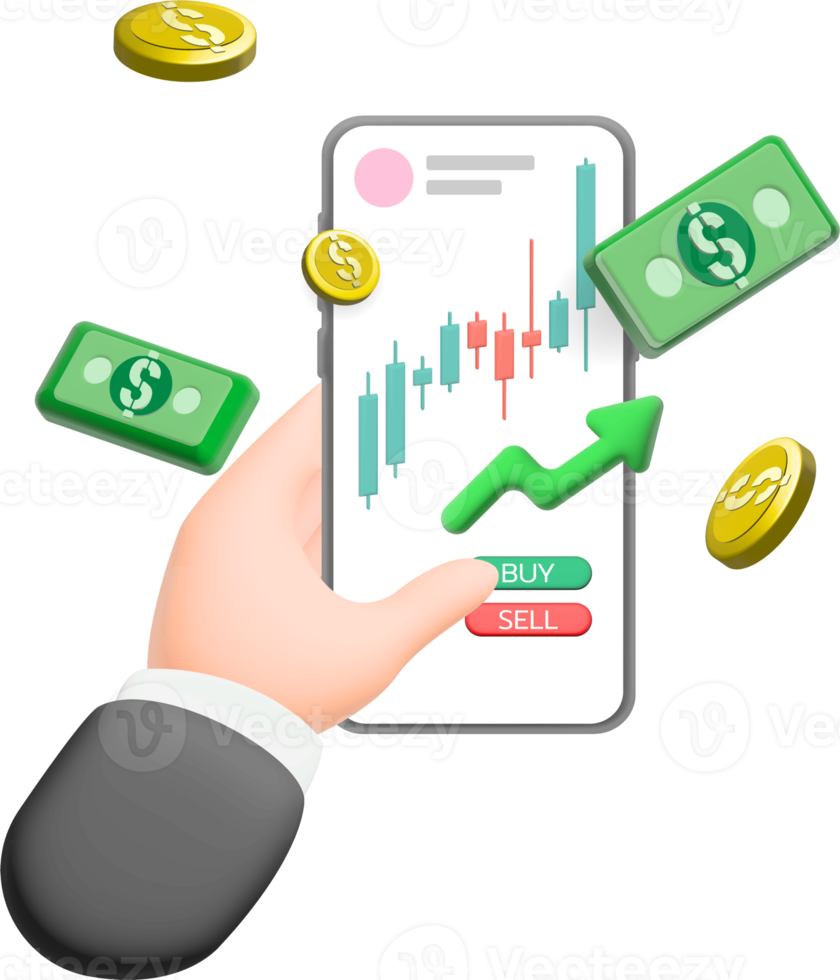 Hand touching mobile phone trading stock exchange bullish trend illustration png