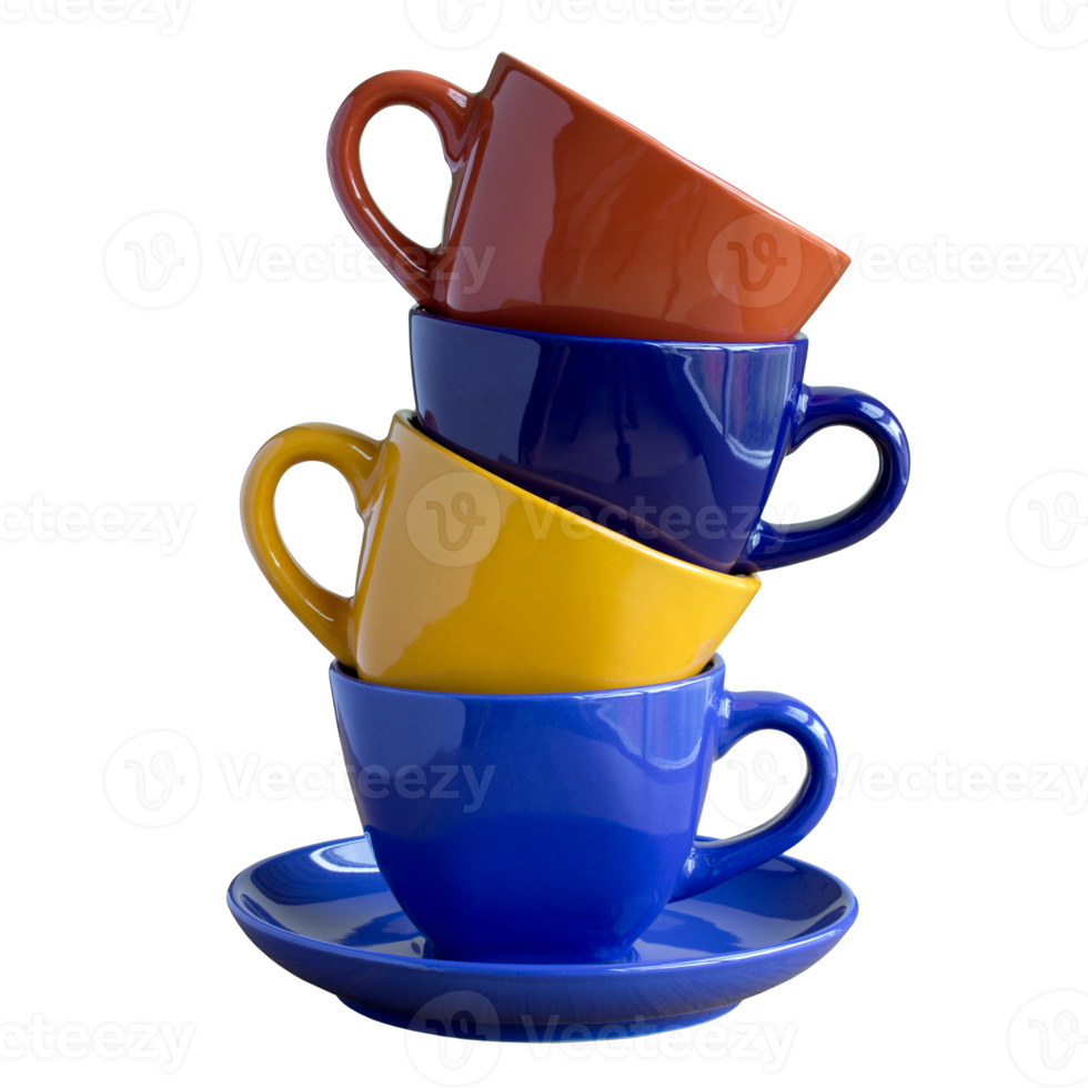 stack of colorful coffee cups isolated with clipping path for mockup png