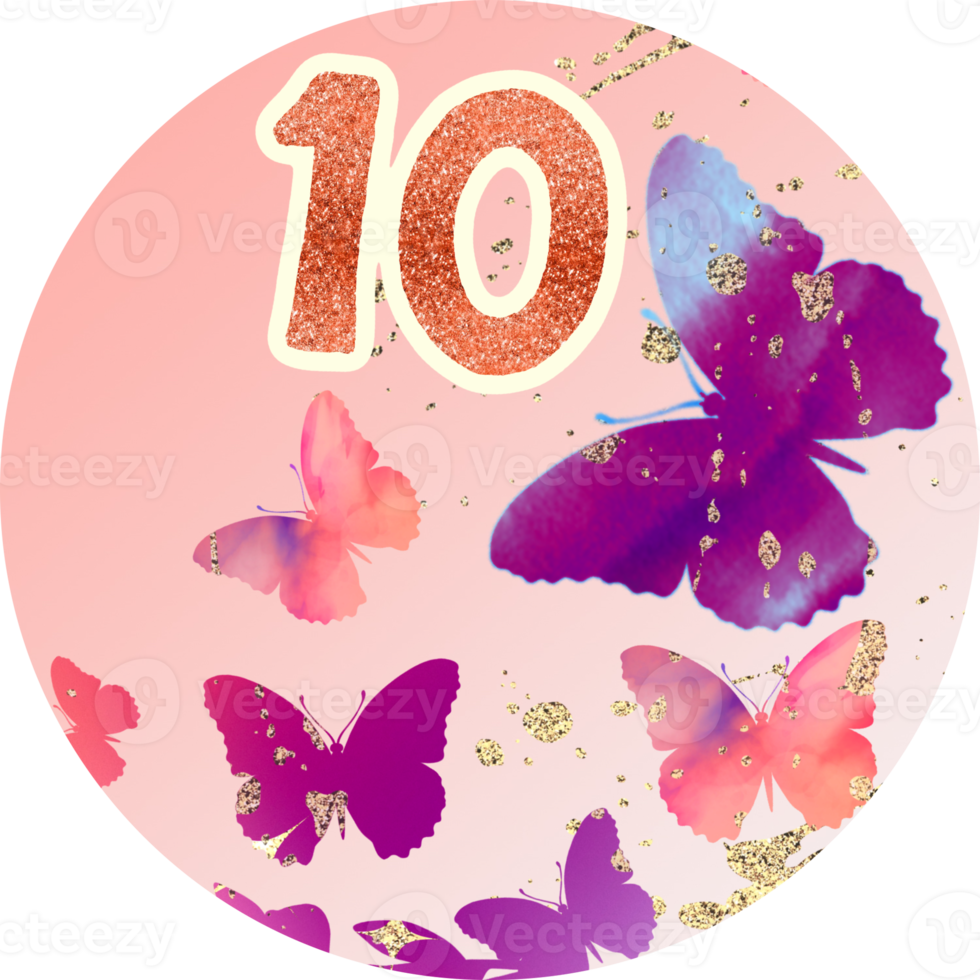 Number 10, 10 th birthday, wedding, advent calendar. Butterflies, watercolour flowers. png