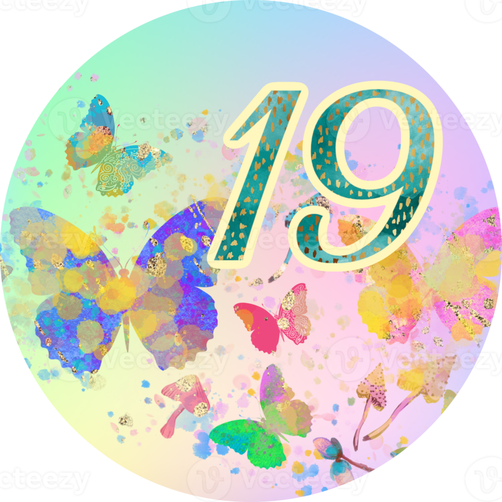 Advent calendar, 19 th birthday, Christmas, wedding template. Watercolour butterflies, flowers. png