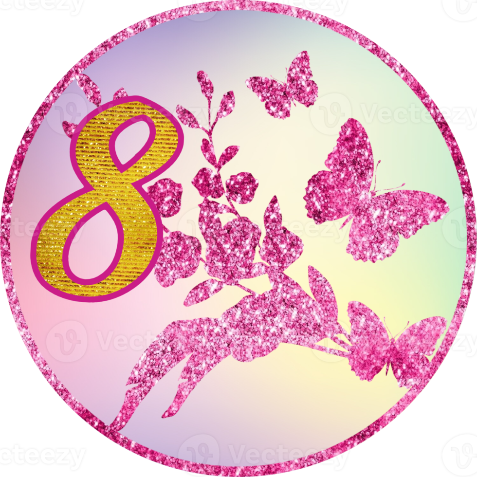 Number, 8 birthday, 8 march , advent calendar. Wedding, celebration, baby shower template. Glitter texture, flower, butterflies, circle. png