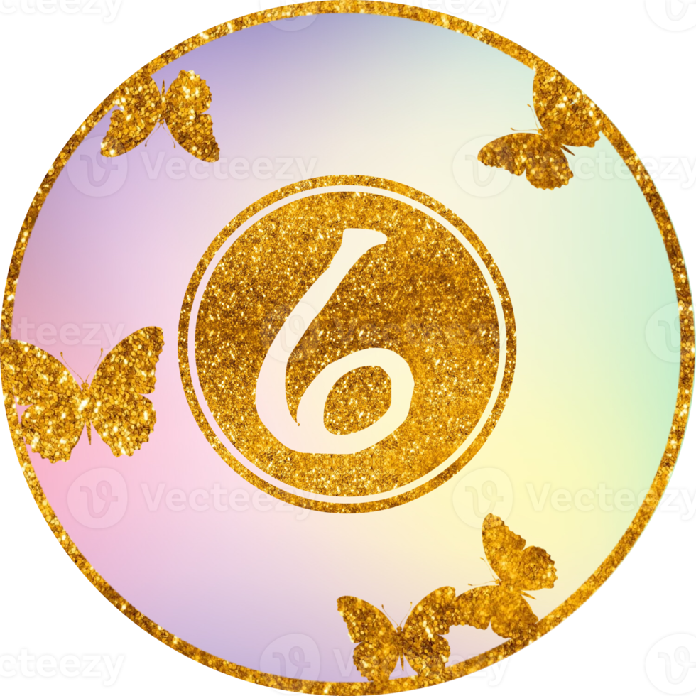 Number six, 6 , 6 th birthday, advent calendar, wedding, celebration, Christmas template. Gold flower, butterfly, letter. png