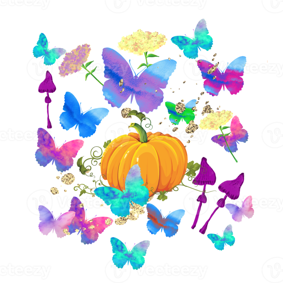 Halloween, pumpkin, butterflies,, mushroom, flowers pattern. png