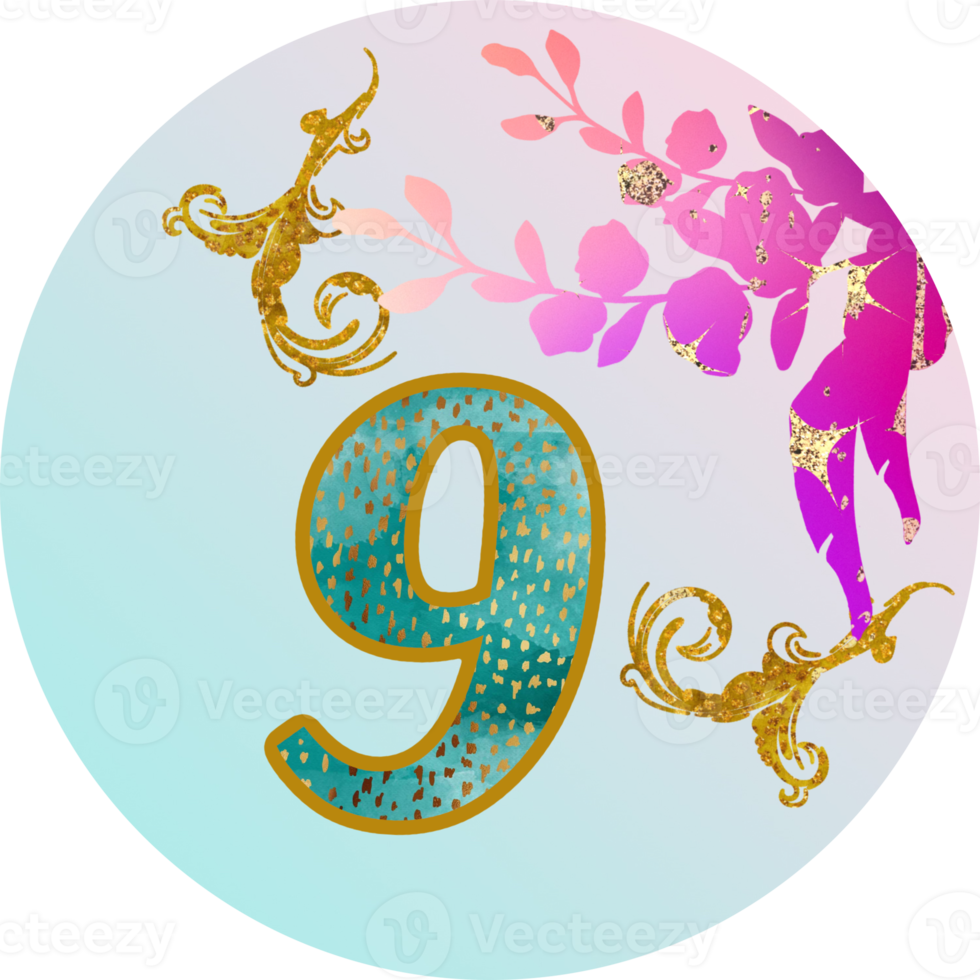 Number, letter, advent calendar, Christmas, birthday, wedding template. Flowers, gold . png