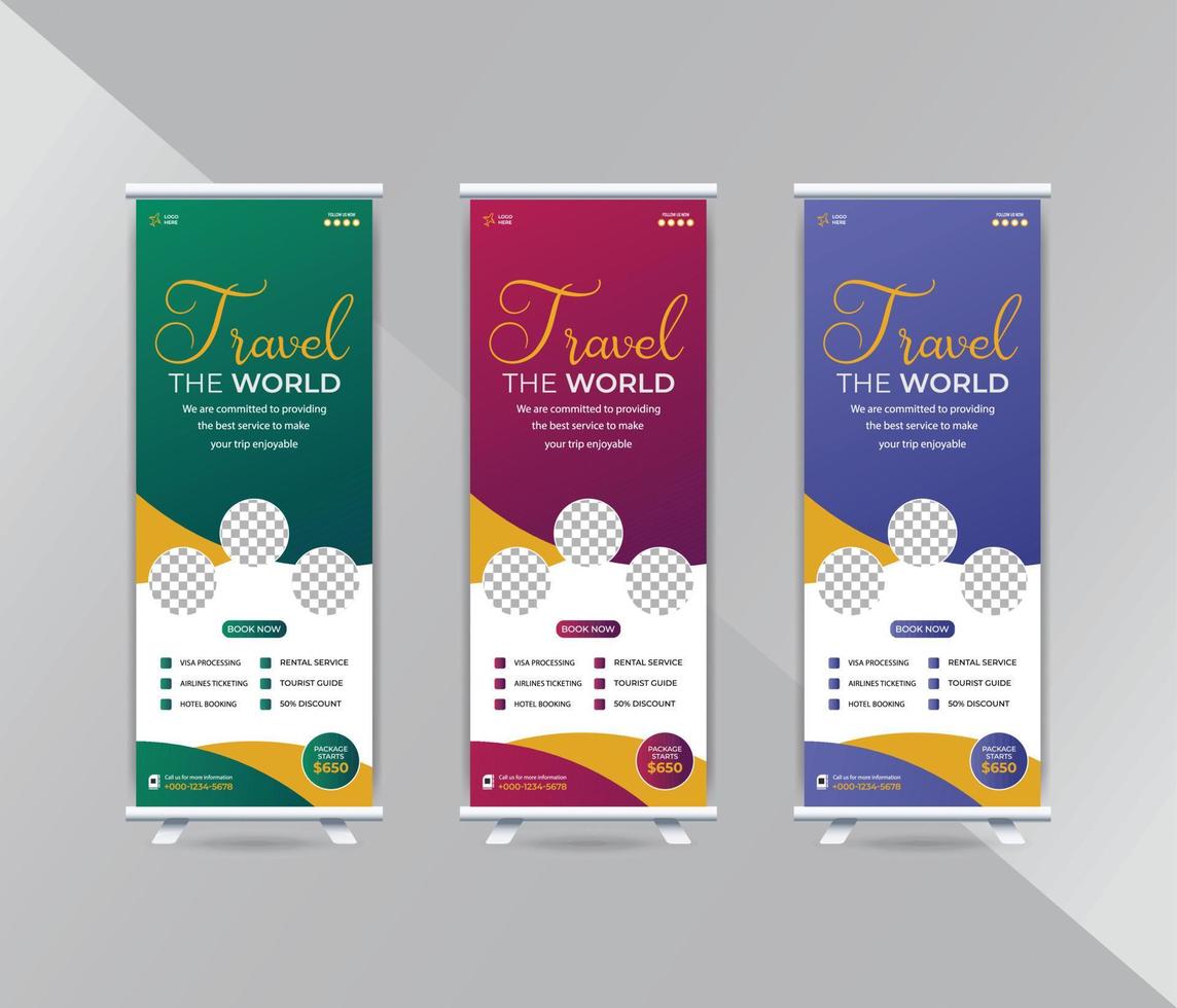 Creative travel and tourism roll up banner template design vector
