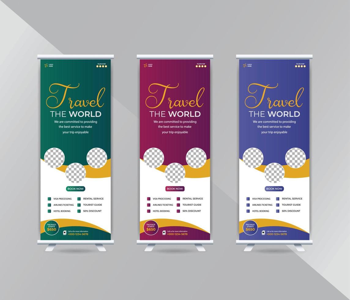 Creative travel and tourism roll up banner template design vector