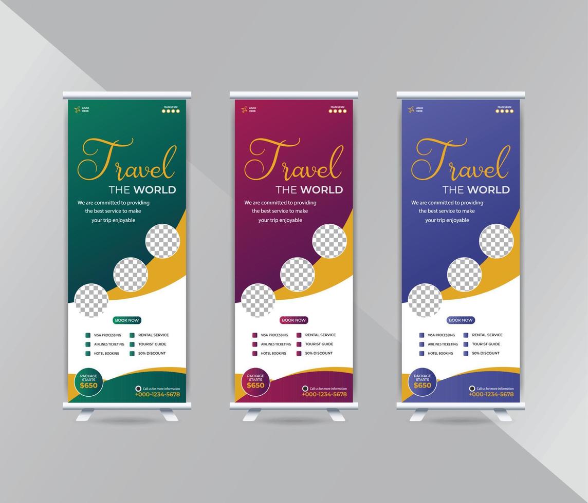 Creative travel and tourism roll up banner template design vector