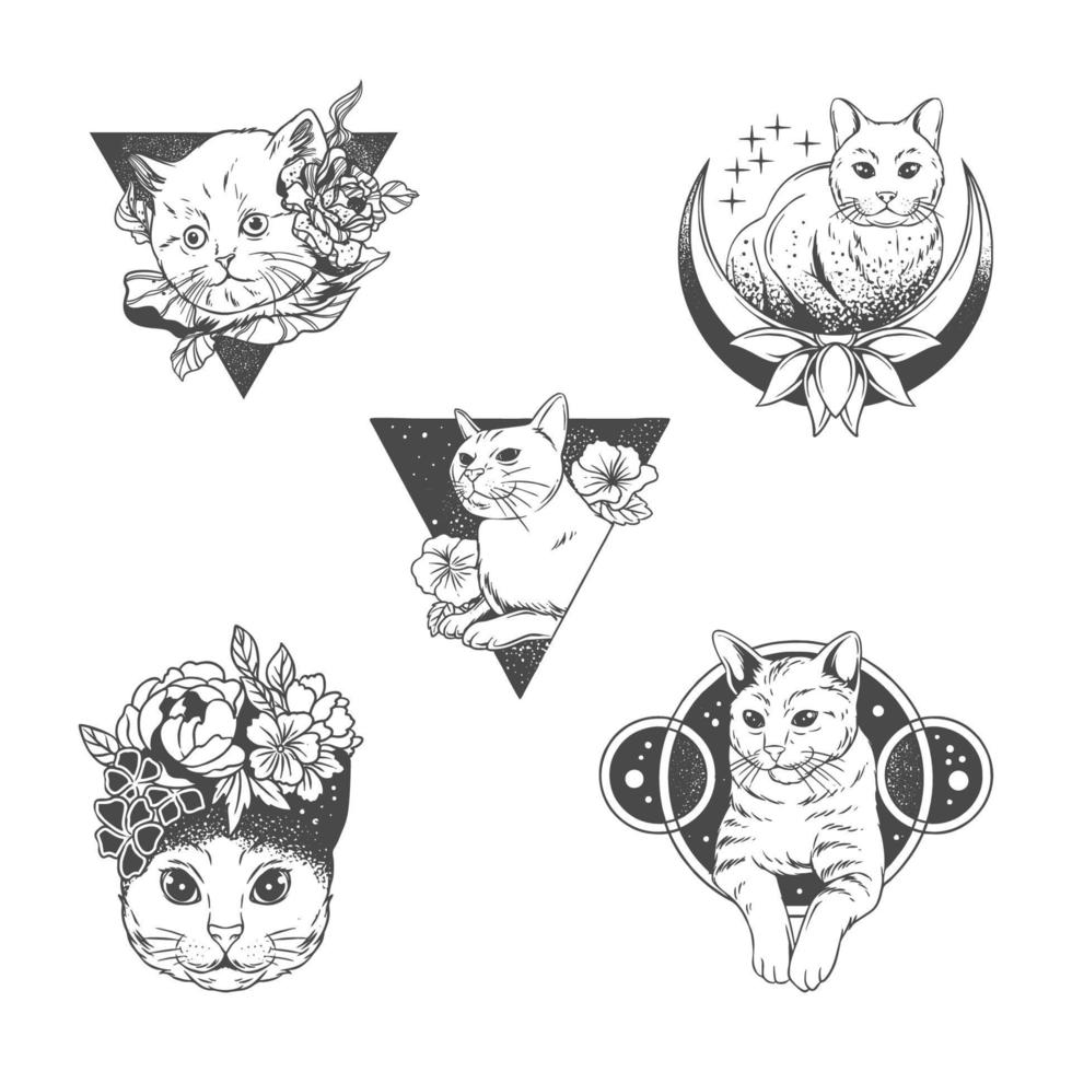 juego de pegatinas de dibujo a mano de tatuaje minimalista con tema de gato mascota vector